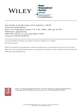 Some Results of the Norwegian Arctic Expedition, 1893-96 Author(S): Fridtjof Nansen Source: the Geographical Journal, Vol