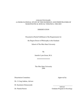 Collective Rape: a Cross-National Study of the Incidence and Perpetrators of Mass Political Sexual Violence, 1980-2003