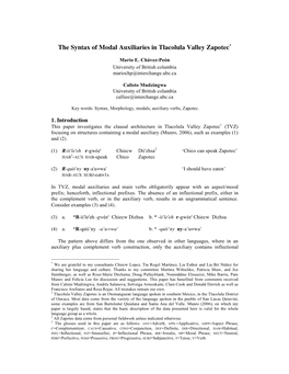 The Syntax of Modal Auxiliaries in Tlacolula Valley Zapotec*