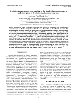 Krasilnikovia Gen. Nov., a New Member of the Family Micromonosporaceae and Description of Krasilnikovia Cinnamonea Sp