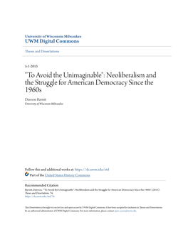 Neoliberalism and the Struggle for American Democracy Since the 1960S Dawson Barrett University of Wisconsin-Milwaukee