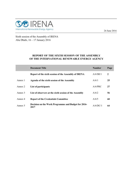 Sixth Session of the Assembly of IRENA Abu Dhabi, 16 – 17 January 2016