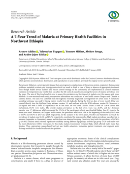 A 7-Year Trend of Malaria at Primary Health Facilities in Northwest Ethiopia