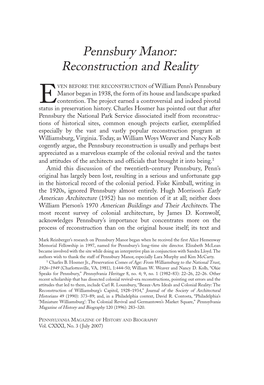 Pennsbury Manor: Reconstruction and Reality