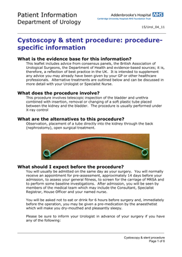 Patient Information Cystoscopy & Stent Procedure