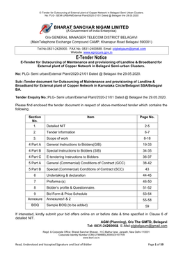 E-Tender Notice E-Tender for Outsourcing of Maintenance and Provisioning of Landline & Broadband for External Plant of Copper Network in Belagavi Semi-Urban Clusters