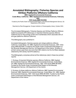 Fisheries Species and Oil/Gas Platforms Offshore California