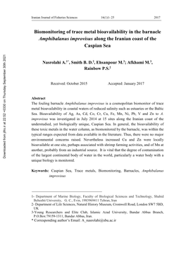 Biomonitoring of Trace Metal Bioavailability in the Barnacle Amphibalanus Improvisus Along the Iranian Coast of the Caspian Sea