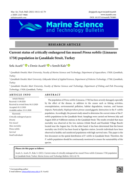 Current Status of Critically Endangered Fan Mussel Pinna Nobilis (Linnaeus 1758) Population in Çanakkale Strait, Turkey