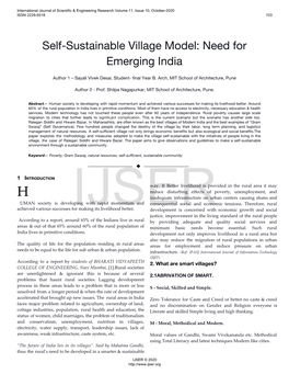 Self-Sustainable Village Model: Need for Emerging India