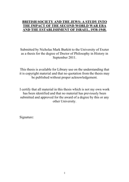 British Society and the Jews: a Study Into the Impact of the Second World War Era and the Establishment of Israel, 1938-1948