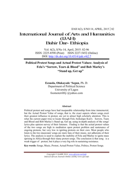 Political Protest Songs and Actual Protest Values: Analysis of Fela’S “Sorrow, Tears & Blood” and Bob Marley’S “Stand Up, Get Up”