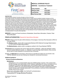 MEDICAL COVERAGE POLICY SERVICE: Incontinence Treatment