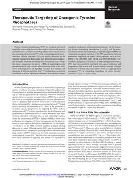 Therapeutic Targeting of Oncogenic Tyrosine Phosphatases Rochelle Frankson, Zhi-Hong Yu, Yunpeng Bai, Qinglin Li, Ruo-Yu Zhang, and Zhong-Yin Zhang