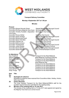 Transport Delivery Committee Monday 4 September 2017 at 1.00 Pm