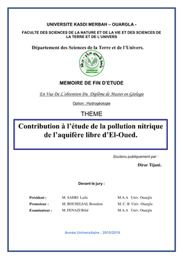 Contribution À L'étude De La Pollution Nitrique De L'aquifère Libre D'el-Oued