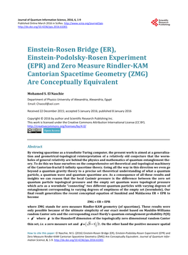 Einstein-Rosen Bridge (ER), Einstein-Podolsky-Rosen Experiment (EPR) and Zero Measure Rindler-KAM Cantorian Spacetime Geometry (ZMG) Are Conceptually Equivalent