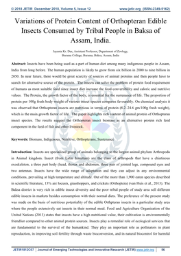 Variations of Protein Content of Orthopteran Edible Insects Consumed by Tribal People in Baksa of Assam, India