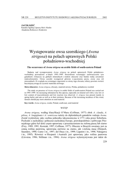 (Avena Strigosa) Na Polach Uprawnych Polski Południowo-Wschodniej