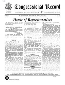 Congressional Record United States Th of America PROCEEDINGS and DEBATES of the 113 CONGRESS, FIRST SESSION