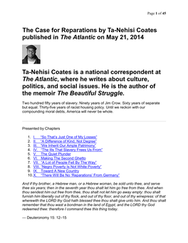 The Case for Reparations by Ta-Nehisi Coates Published in the Atlantic on May 21, 2014