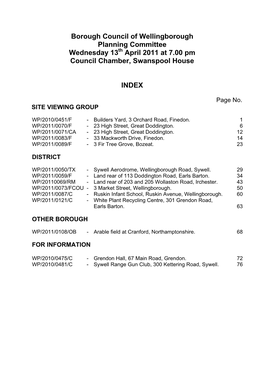 Borough Council of Wellingborough Planning Committee Wednesday 13Th April 2011 at 7.00 Pm Council Chamber, Swanspool House