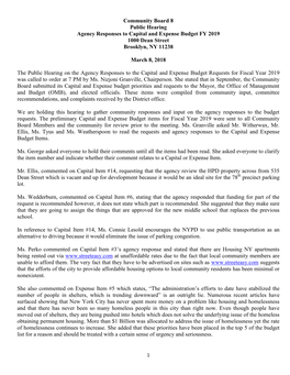 Community Board 8 Public Hearing Agency Responses to Capital and Expense Budget FY 2019 1000 Dean Street Brooklyn, NY 11238