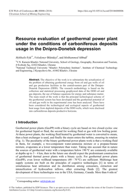 Resource Evaluation of Geothermal Power Plant Under the Conditions of Carboniferous Deposits Usage in the Dnipro-Donetsk Depression