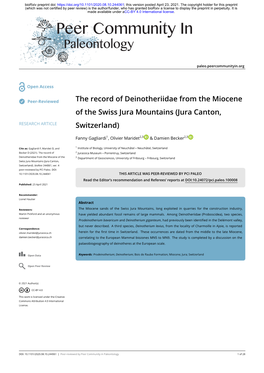 The Record of Deinotheriidae from the Miocene of the Swiss Jura Mountains (Jura Canton