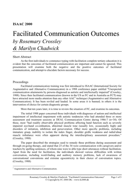 Facilitated Communication Outcomes by Rosemary Crossley & Marilyn Chadwick