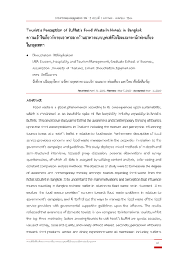 Tourist's Perception of Buffet's Food Waste in Hotels in Bangkok ความ