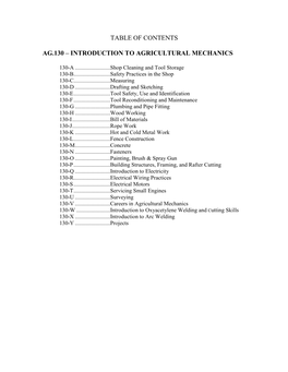 Table of Contents Ag.130 – Introduction to Agricultural Mechanics