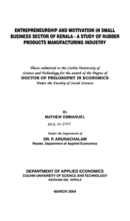 Entrepreneurship and Motivation in Small Business Sector of Kerala - a Study of Rubber Products Manufacturing Industry