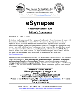 Esynapse September/October 2016 Editor’S Comments