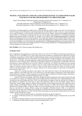 Spatial Analysis of Land Use Land Cover Change at Takhatpur Nagar Panchayat of Bilaspur District in Chhattisgarh