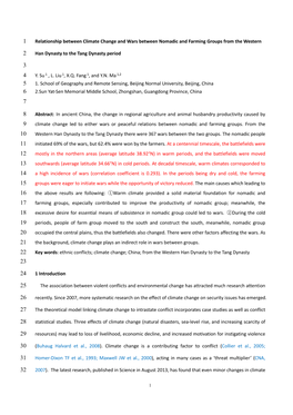 Relationship Between Climate Change and Wars Between Nomadic and Farming Groups from the Western Han Dynasty to the Tang Dynasty