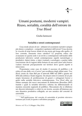 Umani Postumi, Moderni Vampiri. Riuso, Serialità, Coralità Dell'orrore in True Blood