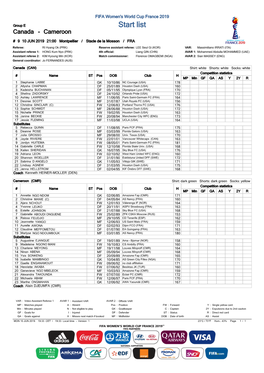 Start List Canada - Cameroon