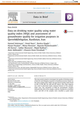 WQI) and Assessment of Groundwater Quality for Irrigation Purposes in Qorveh&Dehgolan, Kurdistan, Iran