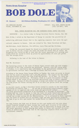 DOLE, KANSAS DELEGATION CALL for INCREASED DIESEL SUPPLY for STATE WA9-IINGTON -- in a Letter Today to Energy Secretary Charles Duncan, Sen