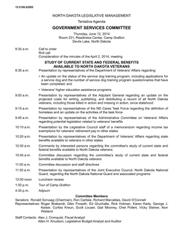 GOVERNMENT SERVICES COMMITTEE Thursday, June 12, 2014 Room 231, Readiness Center, Camp Grafton Devils Lake, North Dakota