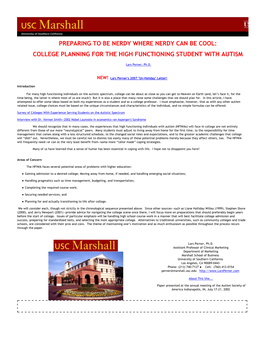 College Planning for the High Functioning Student with Autism