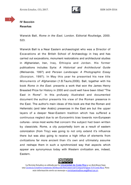 IV Sección Reseñas Warwick Ball, Rome in the East, London. Editorial Routledge, 2000. 523. Warwick Ball Is a Near Eastern Arch