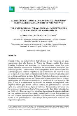 La Crise De L'eau Dans La Wilaya De Mascara (Nord- Ouest Algerien) : Diagnostic Et Perspectives