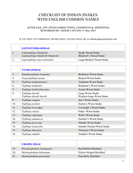 Checklist of Indian Snakes with English Common Names