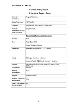 GAA Oral History Project Interview Report Form