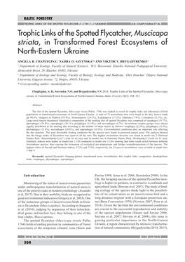 Trophic Links of the Spotted Flycatcher, Muscicapa Striata, in Transformed Forest Ecosystems of North-Eastern Ukraine