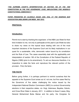 PROTOCOL Introduction: Permit Me to Start by Thanking the Organisers of the NBA Law Week for Their Kind Invitation to Me, Not On