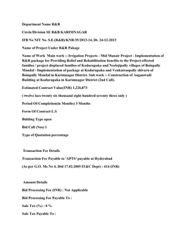 Department Name R&B Circle/Division SE R&B KARIMNAGAR IFB No NIT No. S.E.(R&B)/KNR/35/2013-14, Dt. 24-12-2013