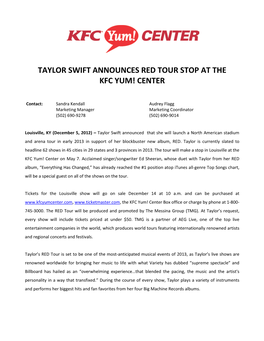 Taylor Swift Announces Red Tour Stop at the Kfc Yum! Center